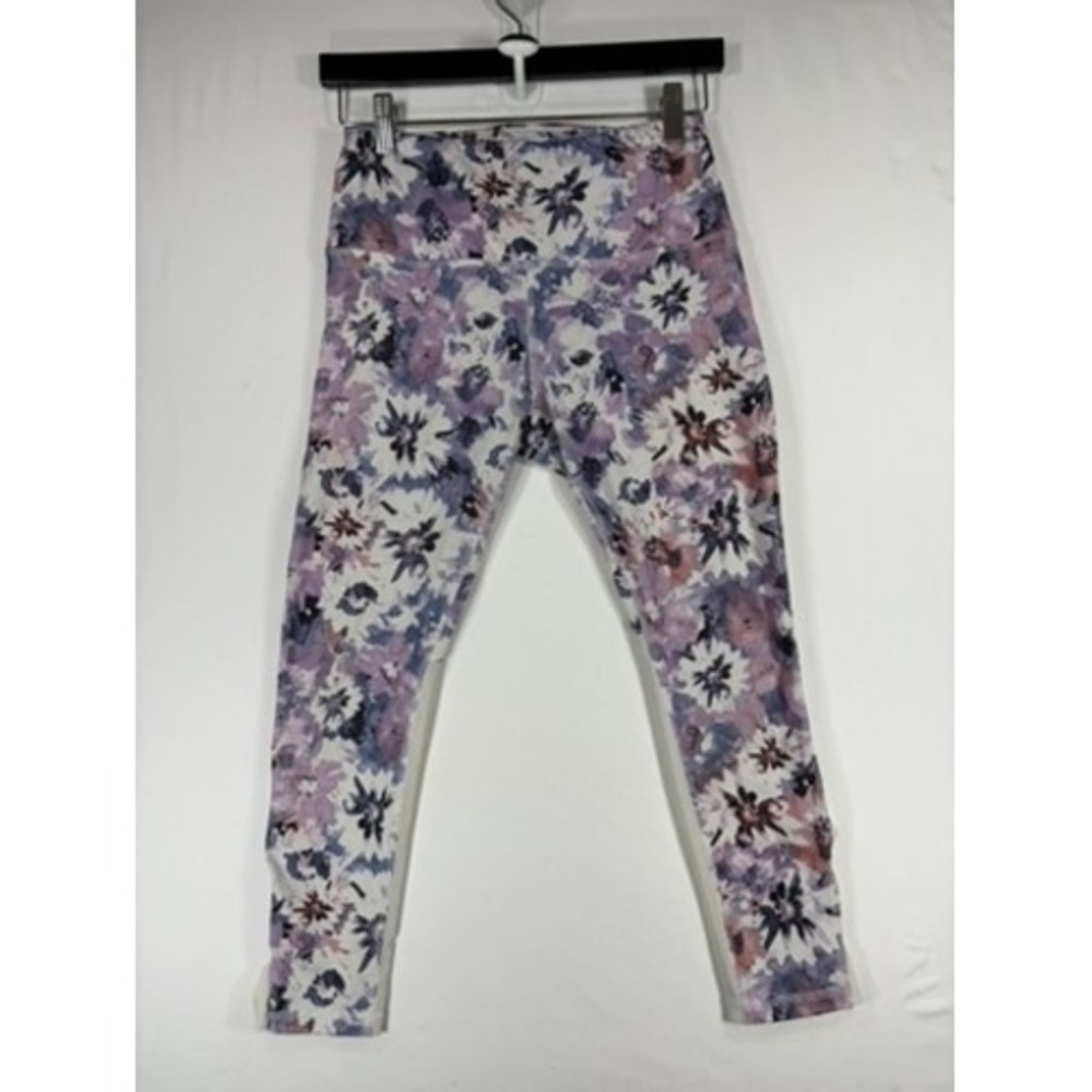 RBX Floral Watercolor Leggings Womens Small Purple White Mesh Strappy Excellent